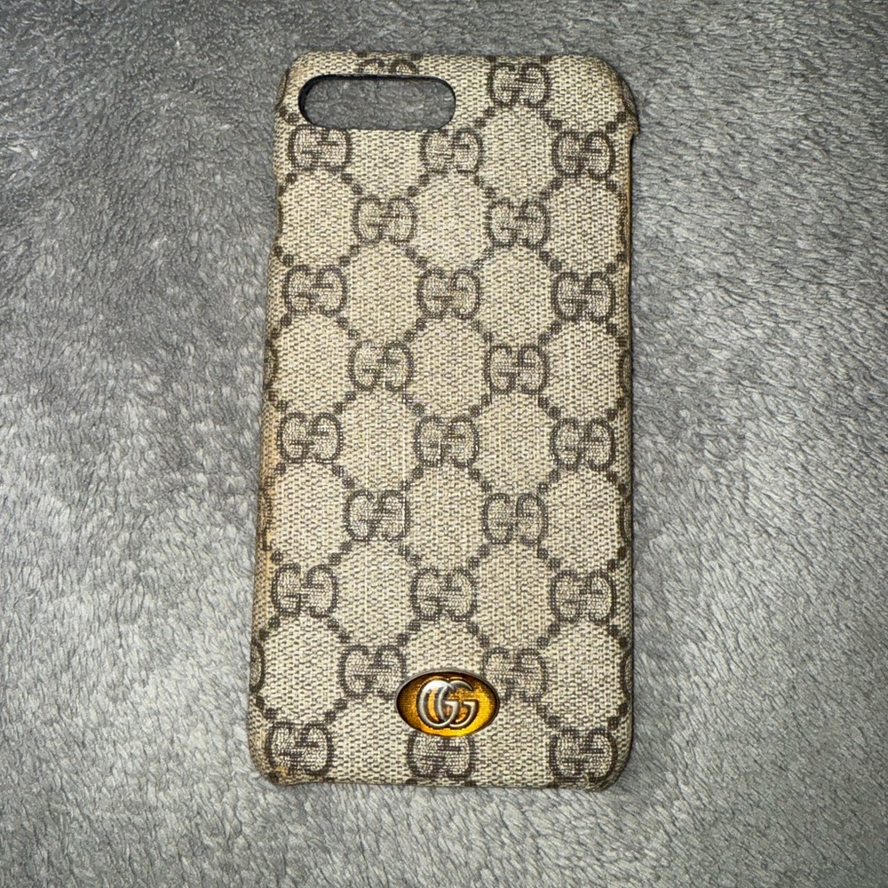Authentic Gucci Beige Monogram iPhone Case with Gold GG Emblem